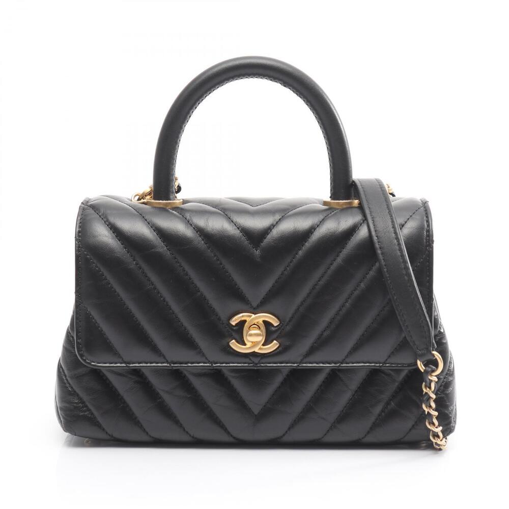 Chanel Coco Handle Flap V Stitch Chevron Handbag Leather Black